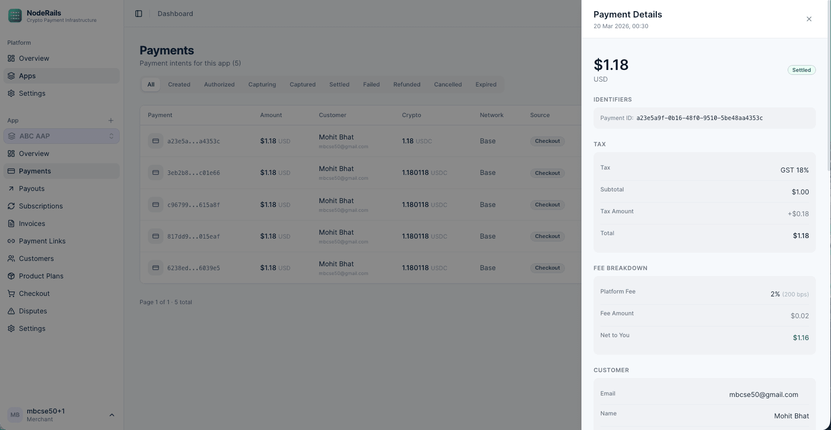 NodeRails payment detail showing fee breakdown, tax, and risk checks
