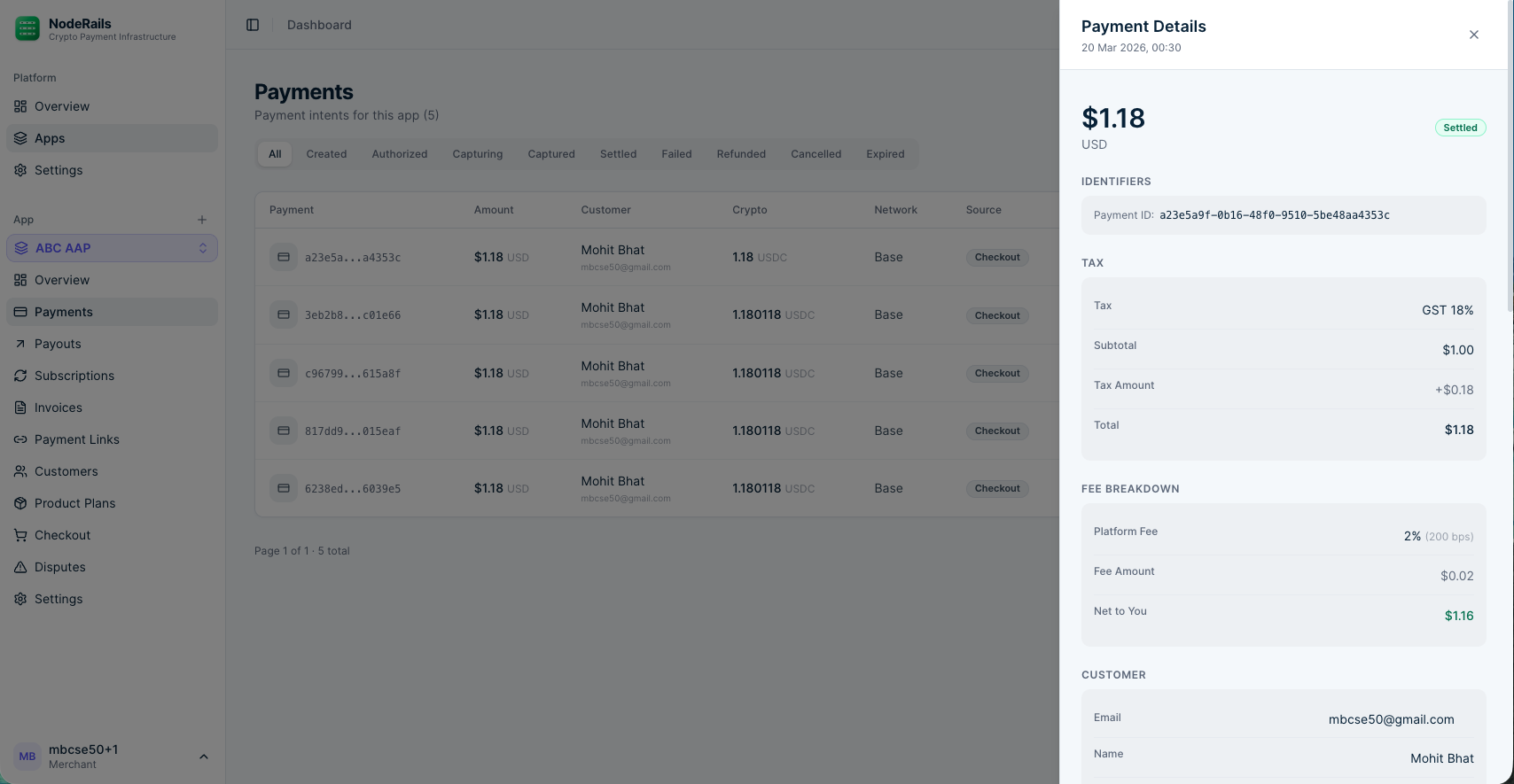 NodeRails payment detail showing fee breakdown, tax, and risk checks