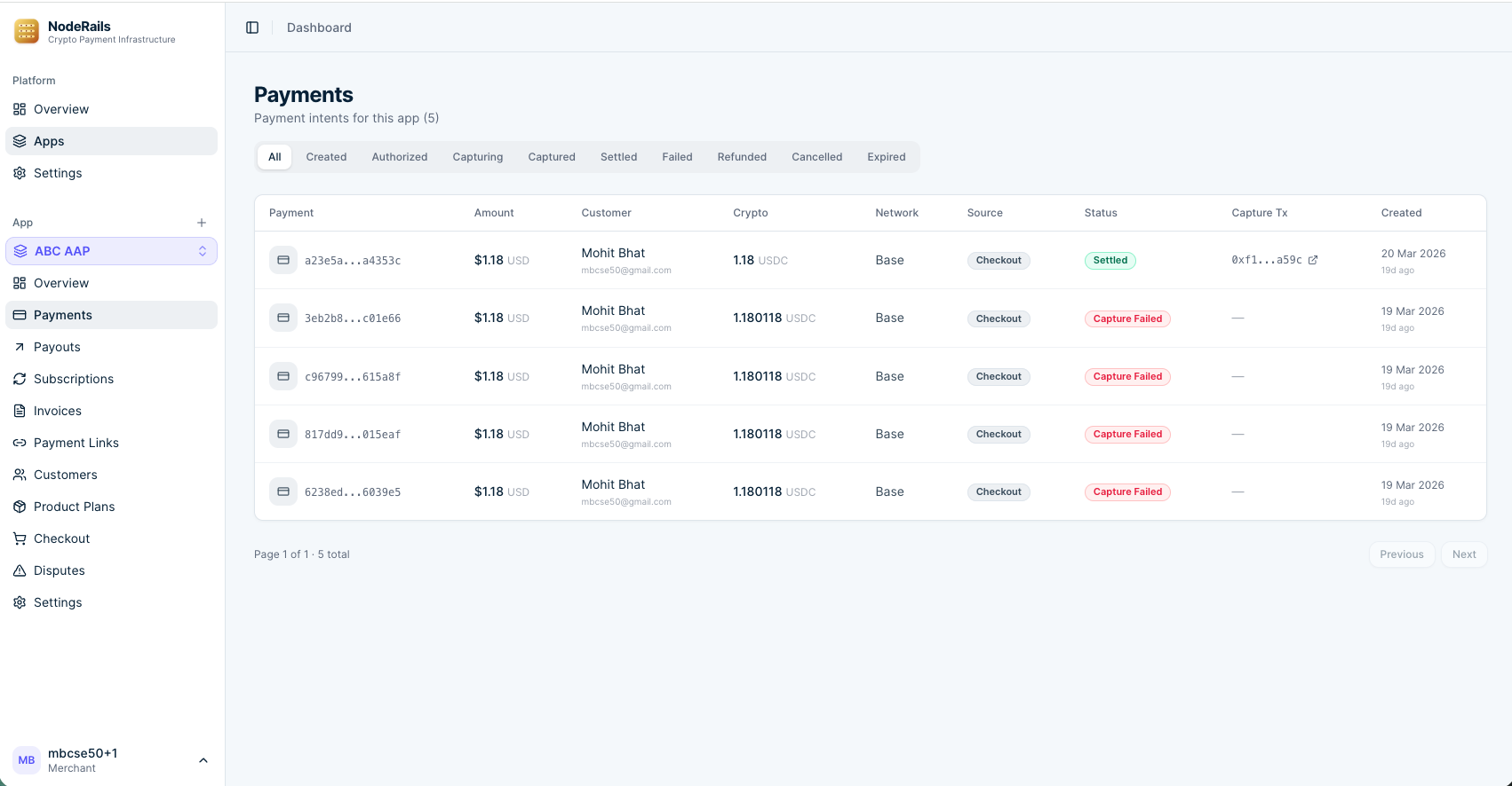 NodeRails merchant dashboard showing payments, statuses, and filters